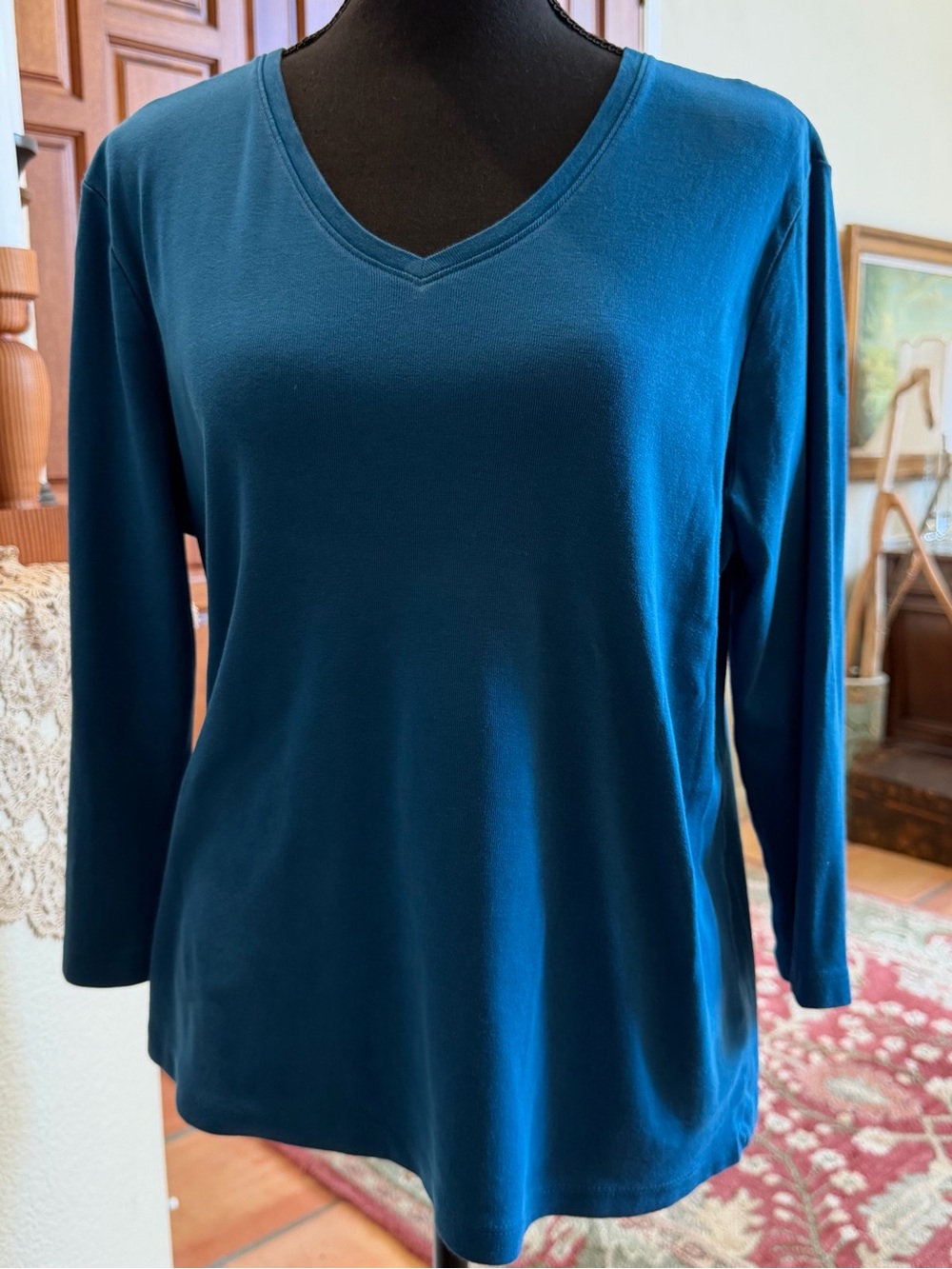 Chico's Womens True Color Tees Turquoise  V-Neck 3/4 Sleeve Top Size 2